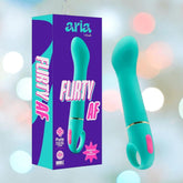 The Blush Novelties Aria Rechargeable Vibe Flirty AF-Teal, featuring a finger loop and angled tip, is shown beside its purple "ARIA Flirty AF" box with product details.